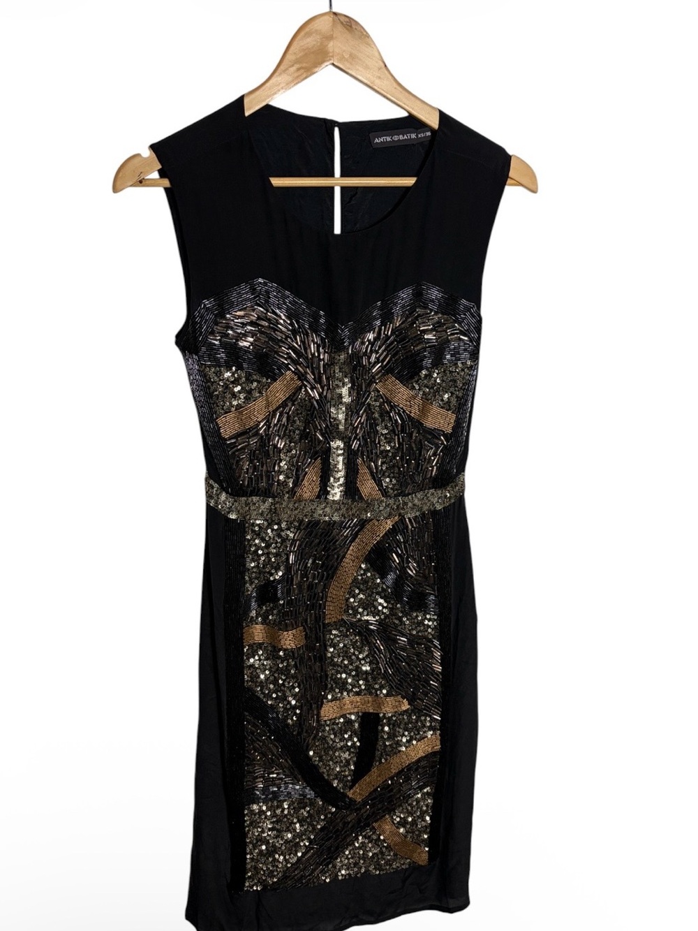 Antik Batik Bistro black silk beaded sheath dress size XS